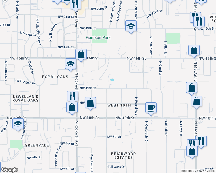 map of restaurants, bars, coffee shops, grocery stores, and more near 6809 Northwest 12th Street in Oklahoma City