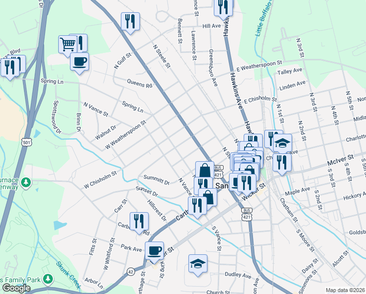 map of restaurants, bars, coffee shops, grocery stores, and more near 311 North Gulf Street in Sanford