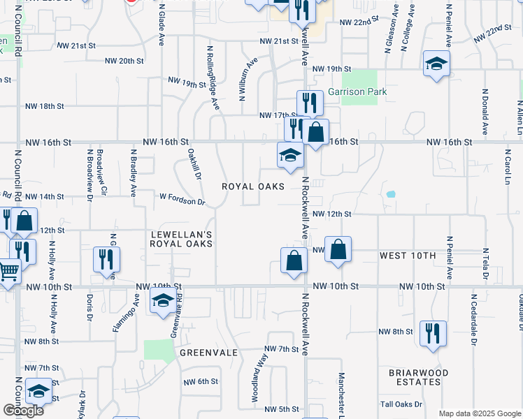 map of restaurants, bars, coffee shops, grocery stores, and more near 7200 Northwest 13th Street in Oklahoma City