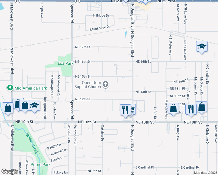 map of restaurants, bars, coffee shops, grocery stores, and more near 8803 Northeast 13th Street in Midwest City