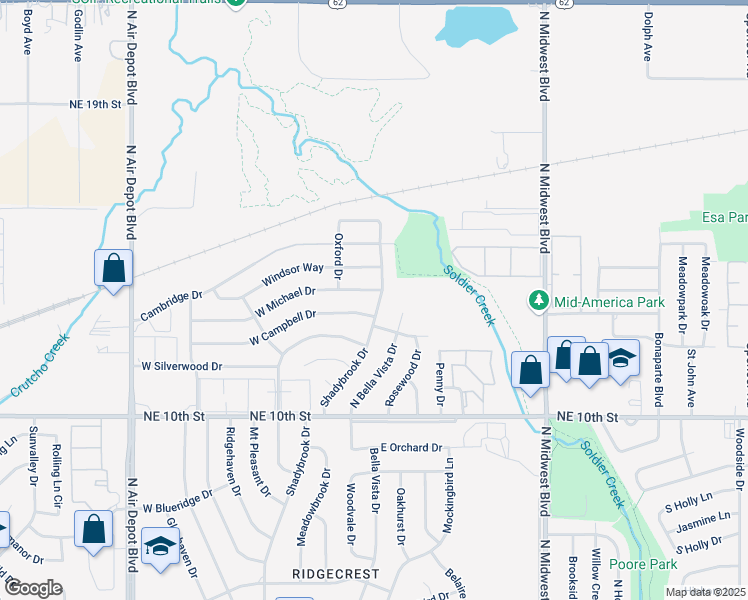 map of restaurants, bars, coffee shops, grocery stores, and more near 107 West Campbell Drive in Midwest City