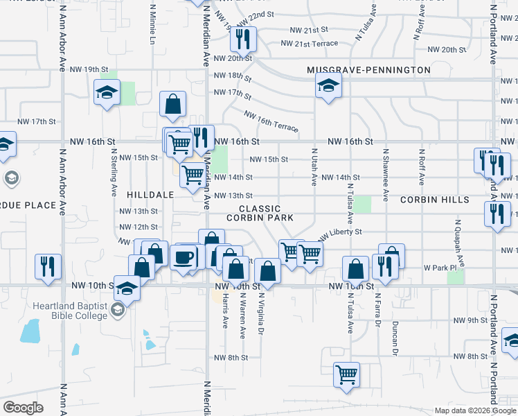 map of restaurants, bars, coffee shops, grocery stores, and more near 4313 Northwest 12th Street in Oklahoma City