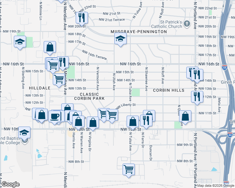 map of restaurants, bars, coffee shops, grocery stores, and more near 4201 Northwest 12th Street in Oklahoma City
