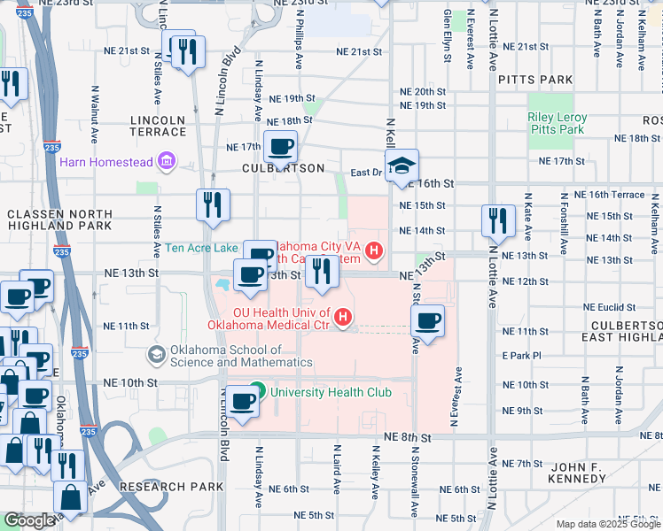 map of restaurants, bars, coffee shops, grocery stores, and more near 825 Northeast 13th Street in Oklahoma City