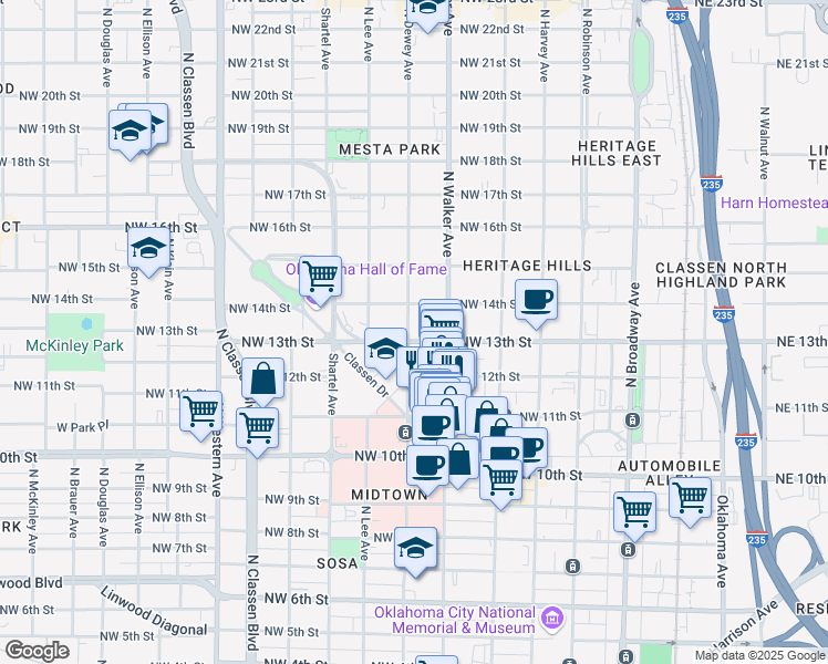 map of restaurants, bars, coffee shops, grocery stores, and more near 525 Northwest 13th Street in Oklahoma City