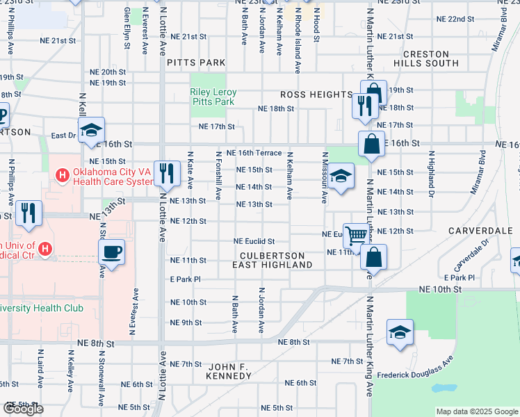 map of restaurants, bars, coffee shops, grocery stores, and more near 1530 Northeast 13th Street in Oklahoma City