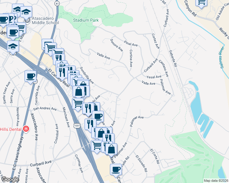 map of restaurants, bars, coffee shops, grocery stores, and more near 7635 Sombrilla Avenue in Atascadero