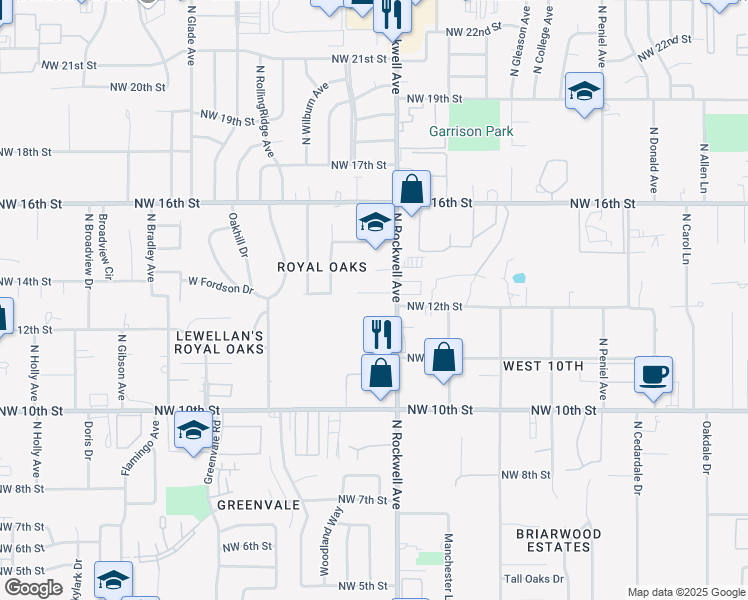 map of restaurants, bars, coffee shops, grocery stores, and more near 7114 Michelle Lane in Oklahoma City