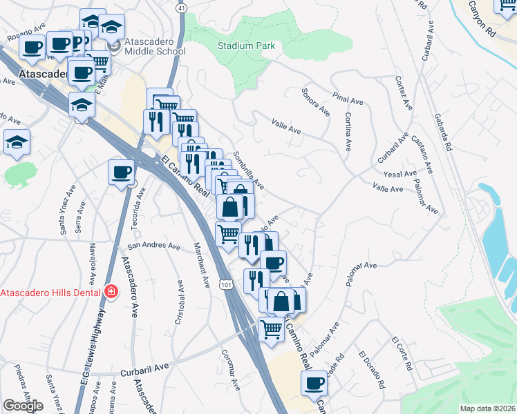 map of restaurants, bars, coffee shops, grocery stores, and more near 7465 Santa Ysabel Avenue in Atascadero