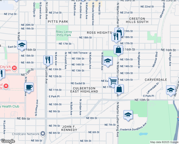map of restaurants, bars, coffee shops, grocery stores, and more near 1628 Northeast 13th Street in Oklahoma City