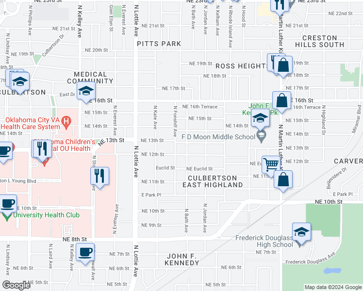 map of restaurants, bars, coffee shops, grocery stores, and more near 1500 Northeast 13th Street in Oklahoma City