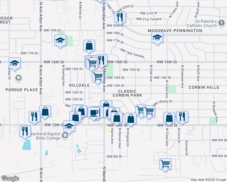 map of restaurants, bars, coffee shops, grocery stores, and more near 4425 Northwest 12th Street in Oklahoma City