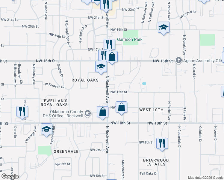 map of restaurants, bars, coffee shops, grocery stores, and more near 1316 North Rockwell Avenue in Oklahoma City