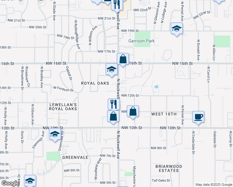 map of restaurants, bars, coffee shops, grocery stores, and more near 1316 North Rockwell Avenue in Oklahoma City
