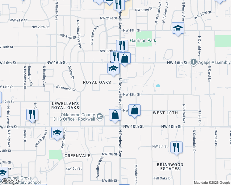 map of restaurants, bars, coffee shops, grocery stores, and more near 7120 Michelle Lane in Oklahoma City