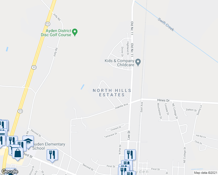 map of restaurants, bars, coffee shops, grocery stores, and more near 3876 North Hills Drive in Ayden