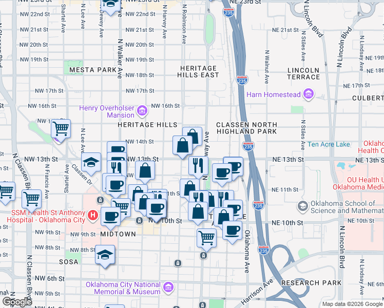 map of restaurants, bars, coffee shops, grocery stores, and more near 113 Northwest 13th Street in Oklahoma City