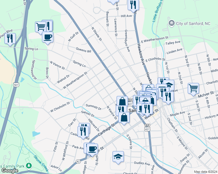 map of restaurants, bars, coffee shops, grocery stores, and more near 315 Cross Street in Sanford