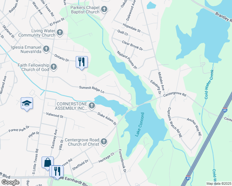 map of restaurants, bars, coffee shops, grocery stores, and more near 1913 Summit Ridge Lane in Kannapolis