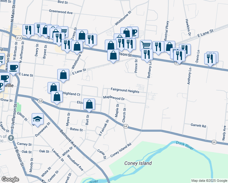 map of restaurants, bars, coffee shops, grocery stores, and more near 303 Maplewood Drive in Shelbyville