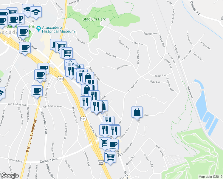 map of restaurants, bars, coffee shops, grocery stores, and more near 7560 Sombrilla Avenue in Atascadero