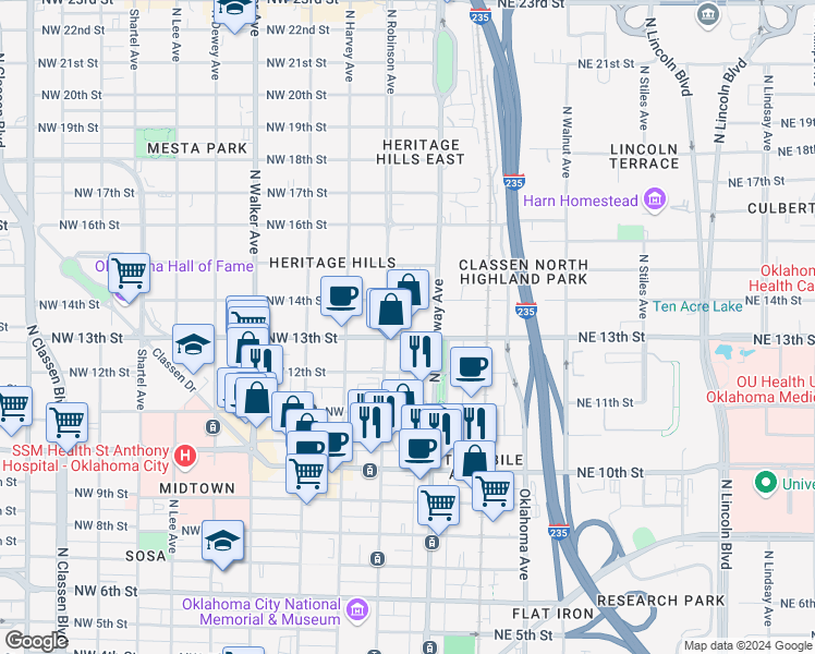 map of restaurants, bars, coffee shops, grocery stores, and more near 113 Northwest 13th Street in Oklahoma City