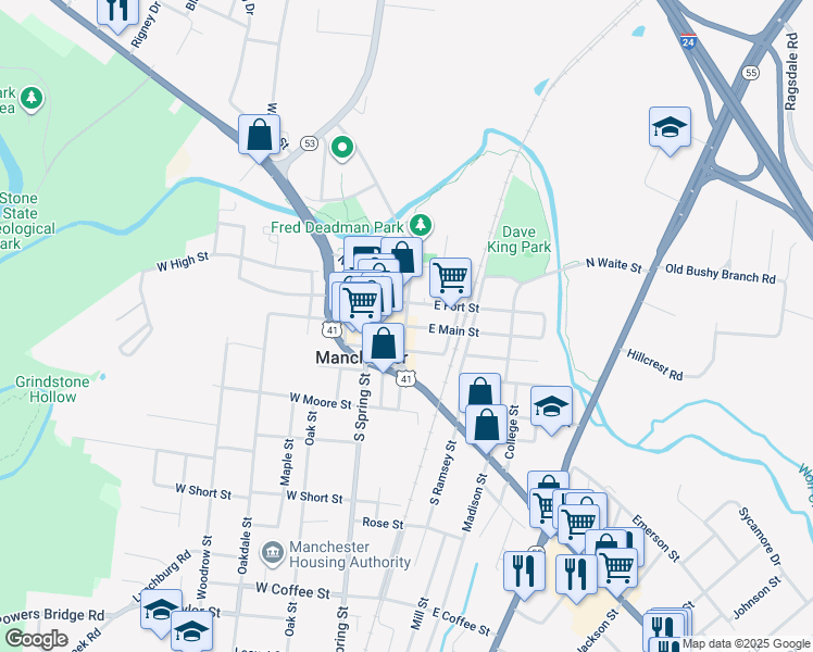 map of restaurants, bars, coffee shops, grocery stores, and more near 101 South Woodland Street in Manchester