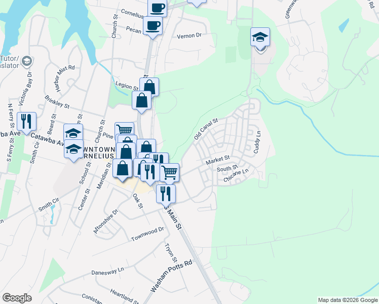 map of restaurants, bars, coffee shops, grocery stores, and more near 21330 Old Canal Street in Cornelius