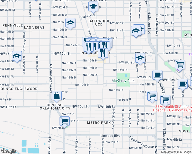 map of restaurants, bars, coffee shops, grocery stores, and more near 1734 Northwest 13th Street in Oklahoma City