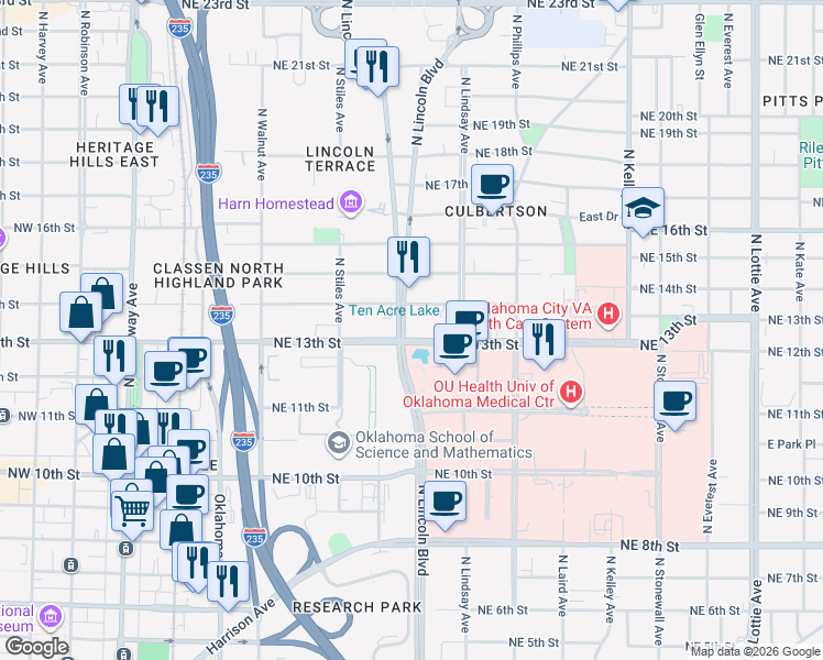 map of restaurants, bars, coffee shops, grocery stores, and more near 601 Northeast 13th Street in Oklahoma City