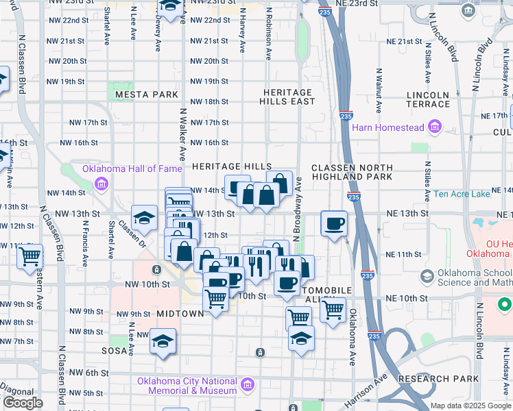 map of restaurants, bars, coffee shops, grocery stores, and more near 1407 North Robinson Avenue in Oklahoma City
