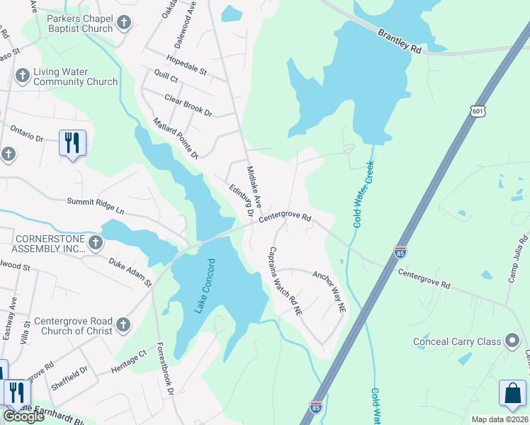 map of restaurants, bars, coffee shops, grocery stores, and more near 2512 Captains Watch Road Northeast in Kannapolis