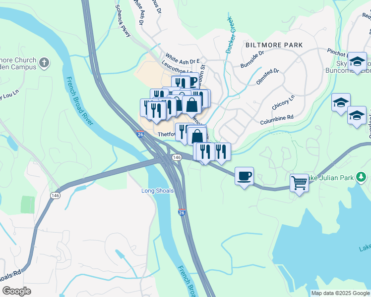 map of restaurants, bars, coffee shops, grocery stores, and more near 26 Carl Alwin Place in Asheville