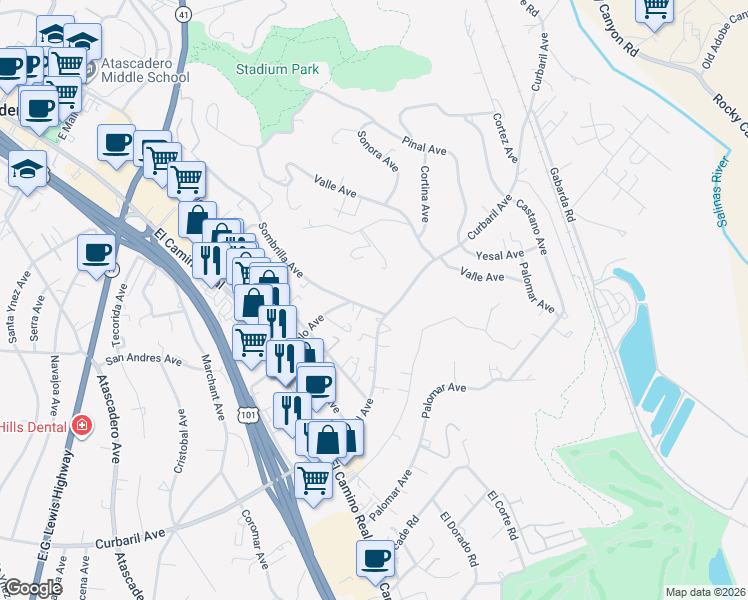 map of restaurants, bars, coffee shops, grocery stores, and more near 7635 Sombrilla Avenue in Atascadero
