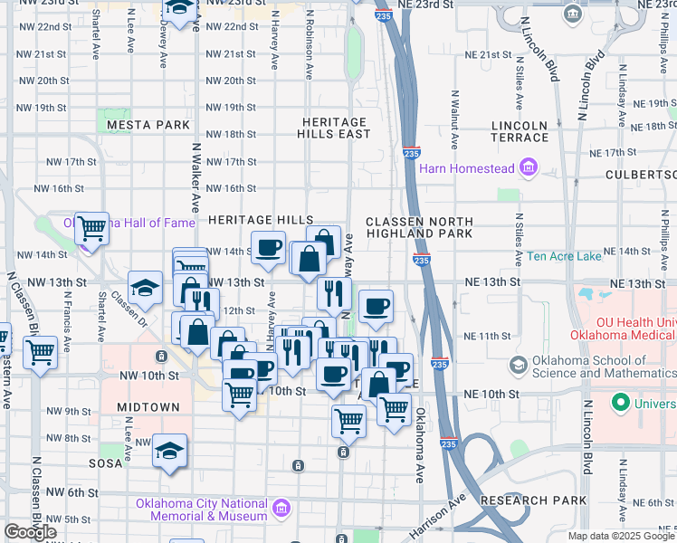 map of restaurants, bars, coffee shops, grocery stores, and more near 113 Northwest 13th Street in Oklahoma City