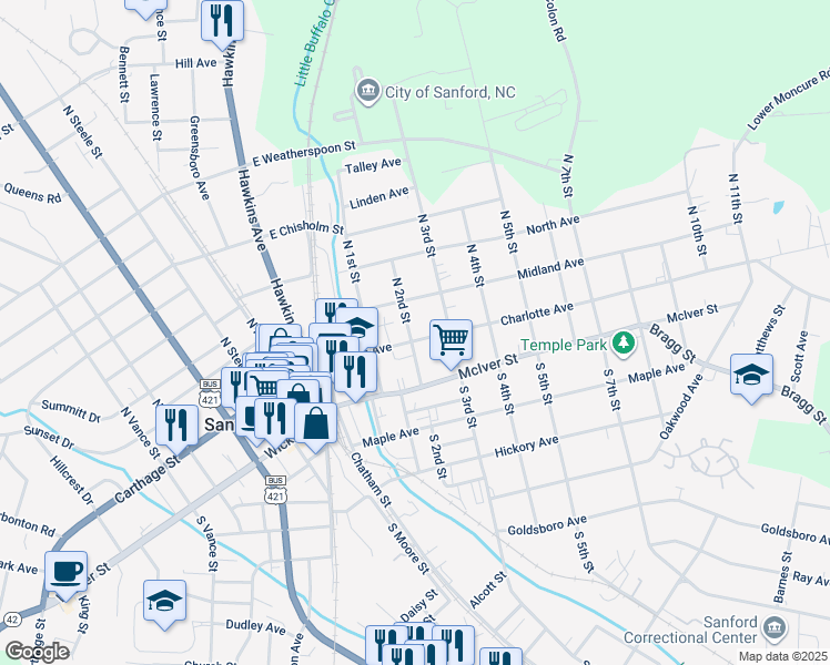 map of restaurants, bars, coffee shops, grocery stores, and more near 221 Charlotte Avenue in Sanford