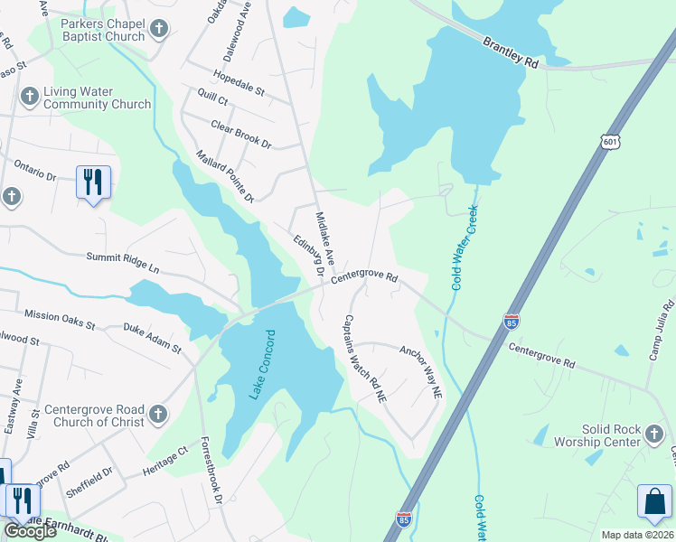 map of restaurants, bars, coffee shops, grocery stores, and more near 2512 Captains Watch Road Northeast in Kannapolis