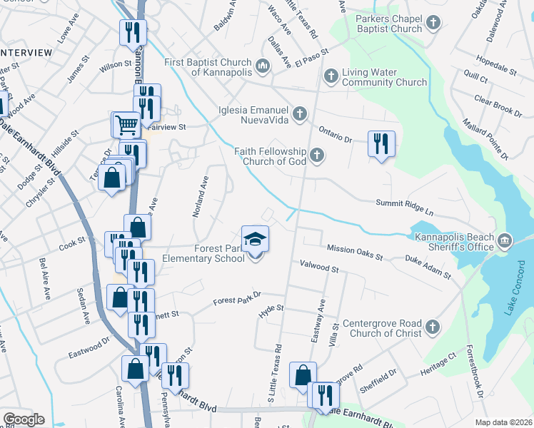 map of restaurants, bars, coffee shops, grocery stores, and more near 1065 Ridgeway Drive in Kannapolis