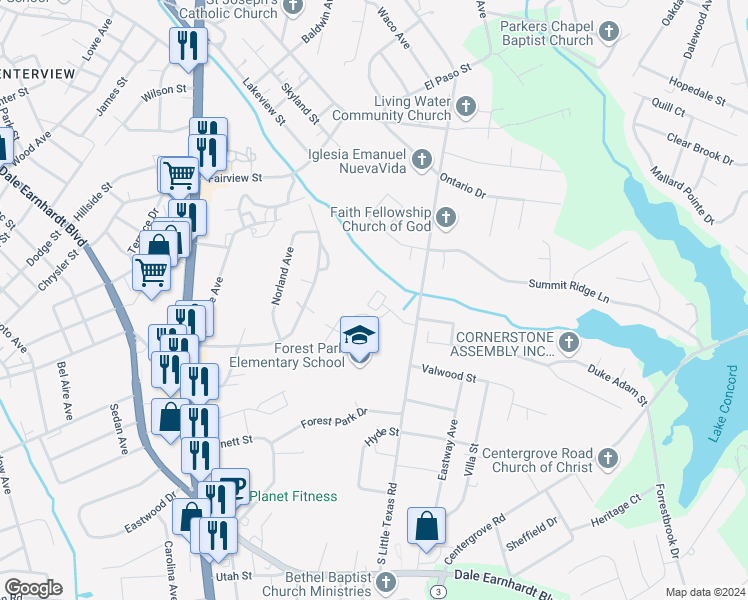 map of restaurants, bars, coffee shops, grocery stores, and more near 1065 Ridgeway Drive in Kannapolis
