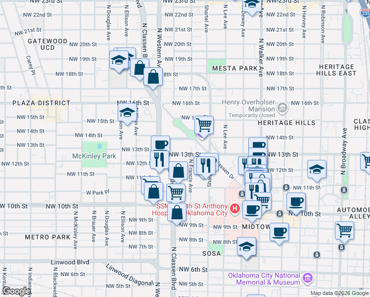 map of restaurants, bars, coffee shops, grocery stores, and more near 829 Northwest 13th Street in Oklahoma City