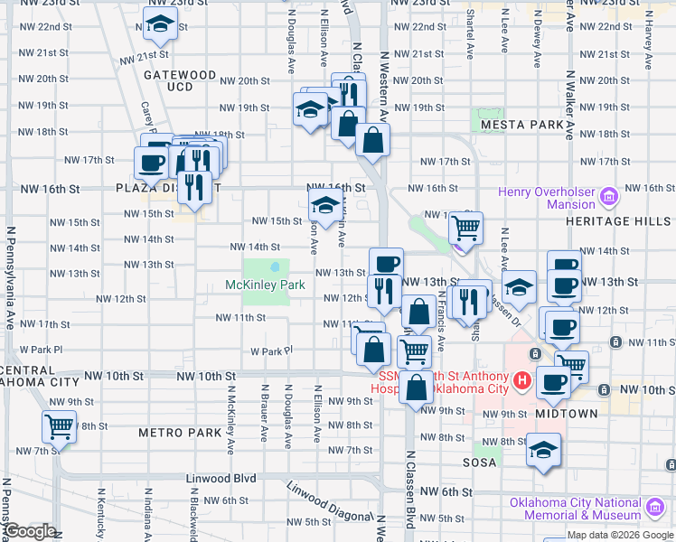 map of restaurants, bars, coffee shops, grocery stores, and more near 1138 Northwest 13th Street in Oklahoma City