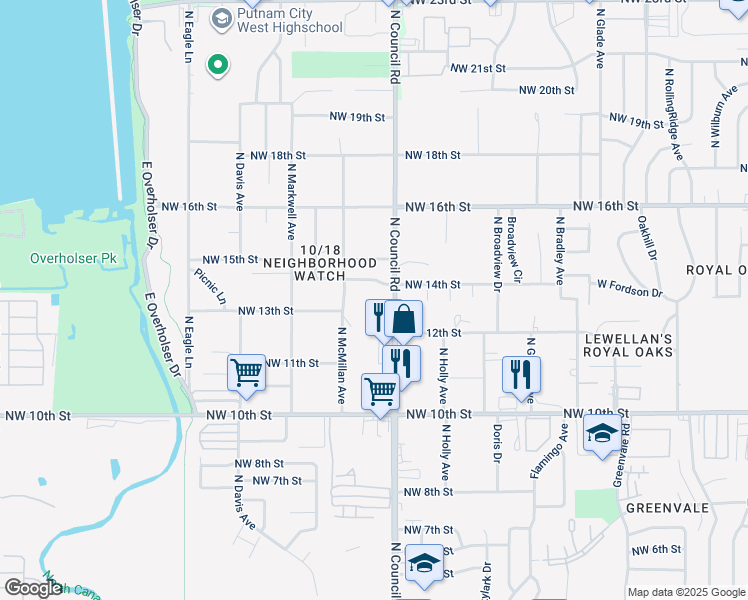 map of restaurants, bars, coffee shops, grocery stores, and more near 1405 North Council Road in Oklahoma City