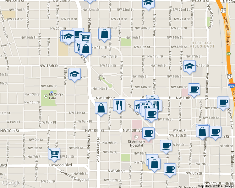 map of restaurants, bars, coffee shops, grocery stores, and more near 1433 Classen Dr in Oklahoma City