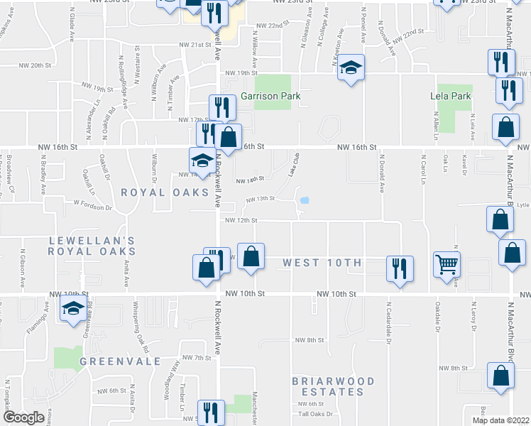 map of restaurants, bars, coffee shops, grocery stores, and more near 6901 Northwest 12th Street in Oklahoma City