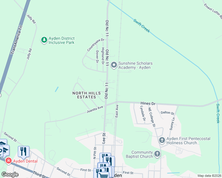 map of restaurants, bars, coffee shops, grocery stores, and more near 3933 North Lee Street in Ayden