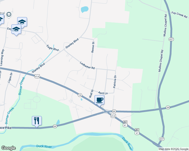 map of restaurants, bars, coffee shops, grocery stores, and more near 106 Diane Street in Shelbyville