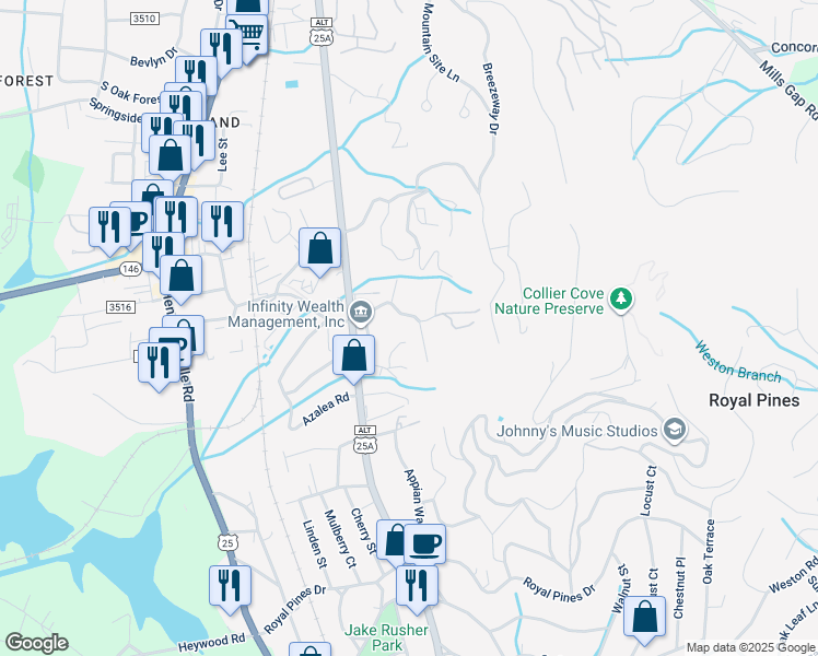 map of restaurants, bars, coffee shops, grocery stores, and more near 11 Bramblewood Road in Arden