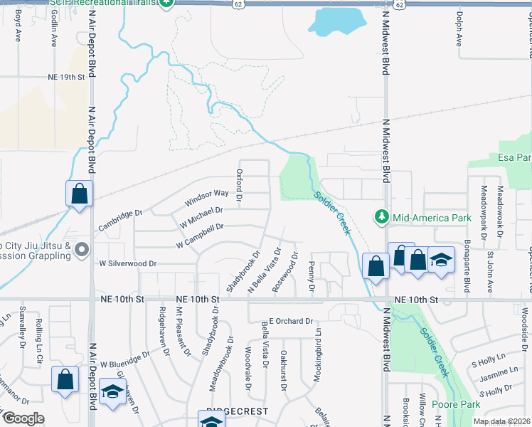 map of restaurants, bars, coffee shops, grocery stores, and more near 107 West Campbell Drive in Midwest City