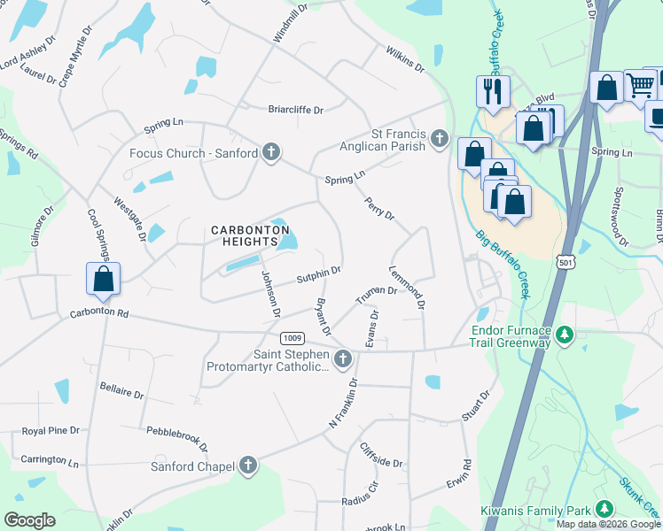 map of restaurants, bars, coffee shops, grocery stores, and more near 1841 Sutphin Drive in Sanford