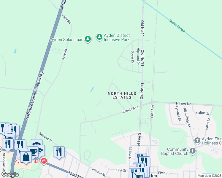 map of restaurants, bars, coffee shops, grocery stores, and more near 3815 Robin Road in Ayden